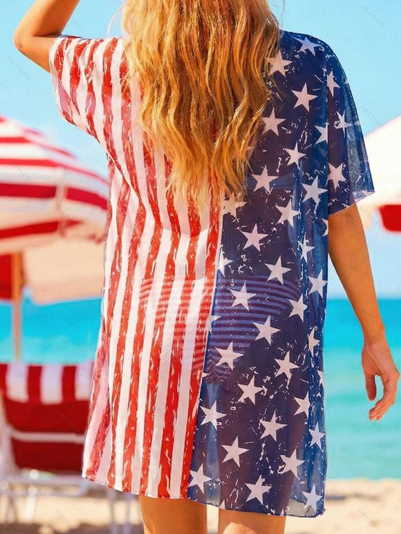 Independence Day 3 pcs Beach Swimsuit American Flag Elements Star Striped Print High Cut Briefs Halter Swimwear Set with Cover-up - multicolor A XL | US 10