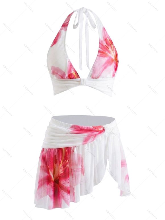 Vacation Couple Outfit Watercolor Lily Floral Print Mesh Irregular Skirt Bikini Swimsuit and Shirt Set - Blanc S | US 4