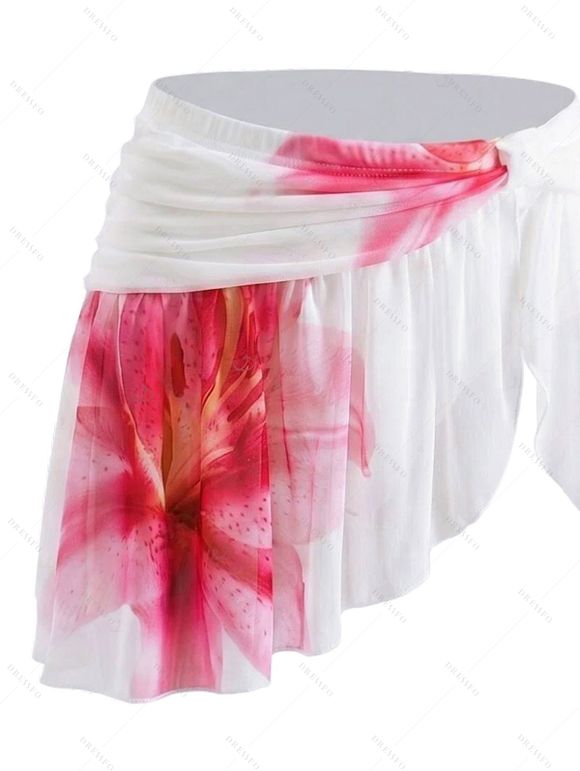 Vacation Couple Outfit Watercolor Lily Floral Print Mesh Irregular Skirt Bikini Swimsuit and Shirt Set - Blanc S | US 4