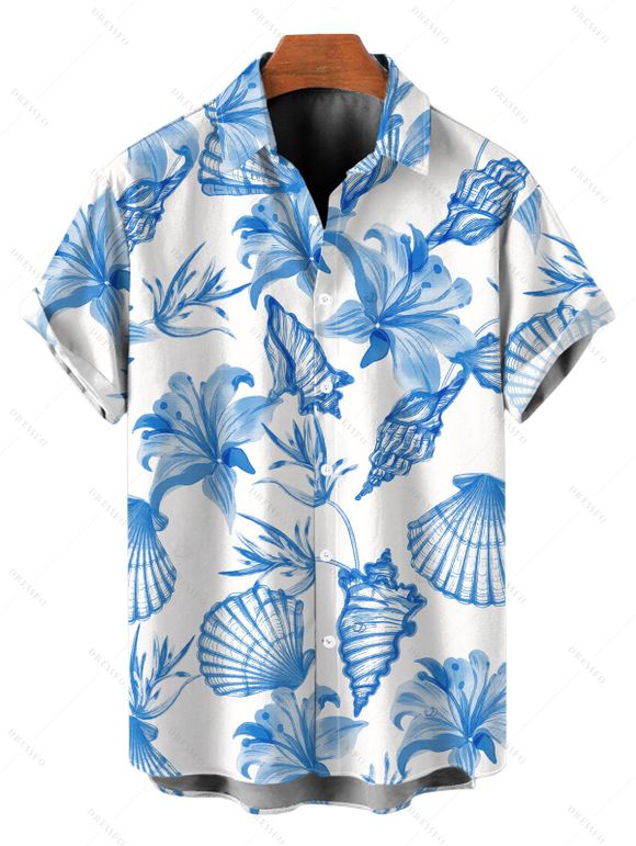 Hawaiian Couple Outfit Solid Color Jacquard Lace Tied Halter Swimsuit and Lily Floral Shell Print Shirt Set - Bleu Poudre S | US 4