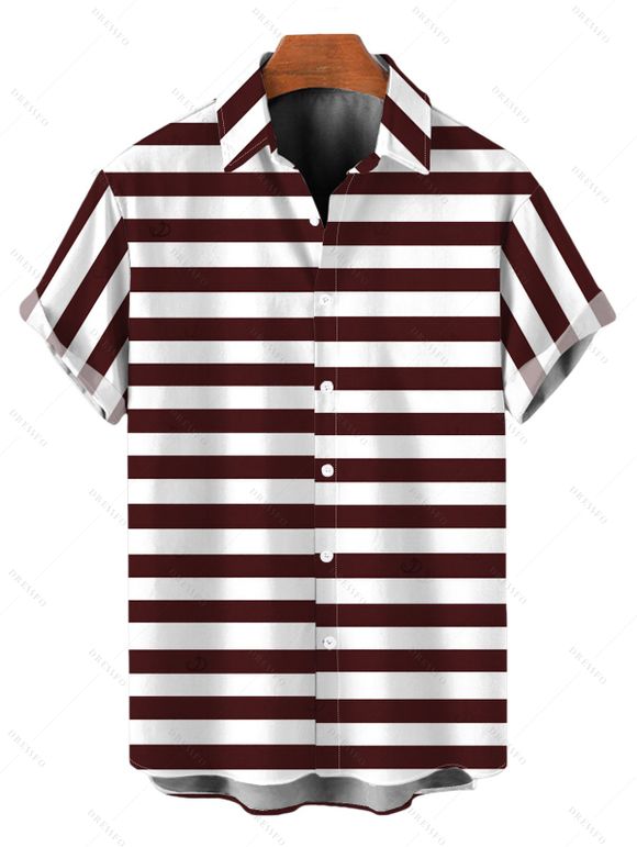 Vintage Couple Outfit Striped Print Ring Strap High Cut Briefs Tankini Swimsuit and Shirt Set - marron foncé S | US 4