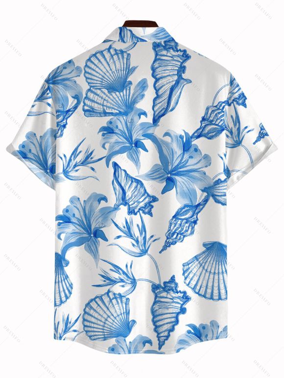 Hawaiian Couple Outfit Solid Color Jacquard Lace Tied Halter Swimsuit and Lily Floral Shell Print Shirt Set - Bleu Poudre S | US 4