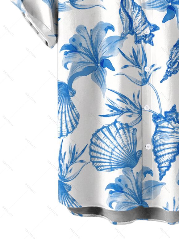 Hawaiian Couple Outfit Solid Color Jacquard Lace Tied Halter Swimsuit and Lily Floral Shell Print Shirt Set - Bleu Poudre S | US 4