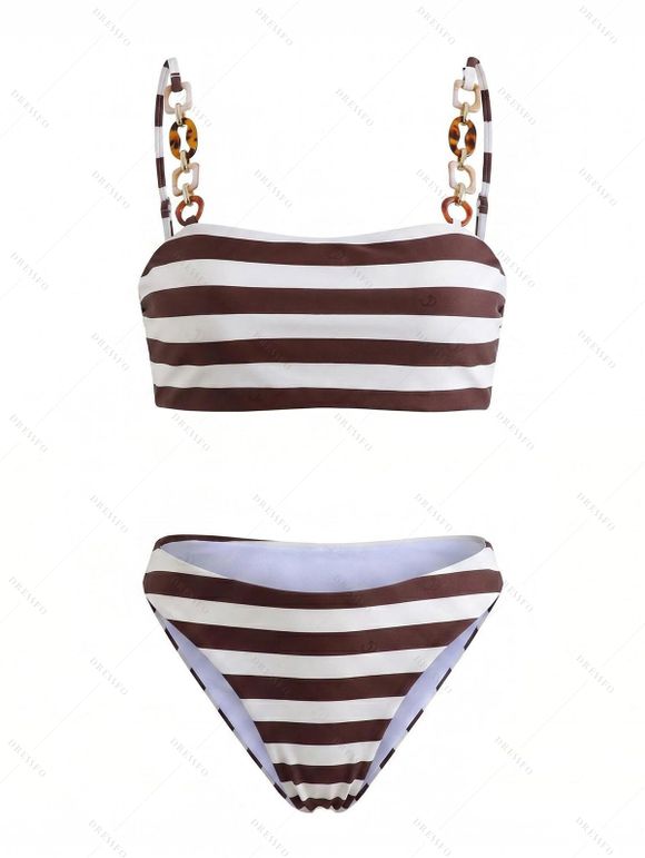 Vintage Couple Outfit Striped Print Ring Strap High Cut Briefs Tankini Swimsuit and Shirt Set - marron foncé S | US 4