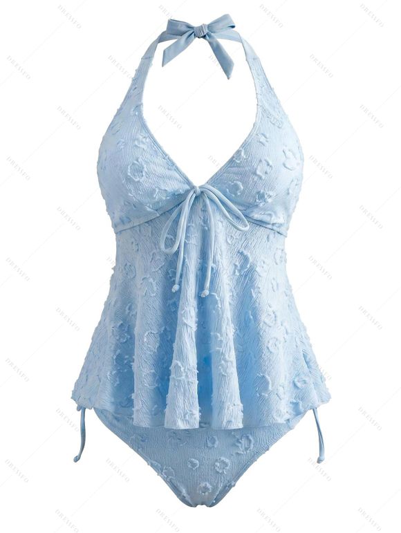 Hawaiian Couple Outfit Solid Color Jacquard Lace Tied Halter Swimsuit and Lily Floral Shell Print Shirt Set - Bleu Poudre S | US 4