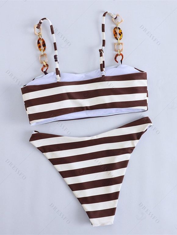 Vintage Couple Outfit Striped Print Ring Strap High Cut Briefs Tankini Swimsuit and Shirt Set - marron foncé S | US 4