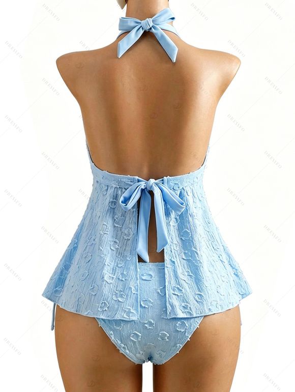 Hawaiian Couple Outfit Solid Color Jacquard Lace Tied Halter Swimsuit and Lily Floral Shell Print Shirt Set - Bleu Poudre S | US 4