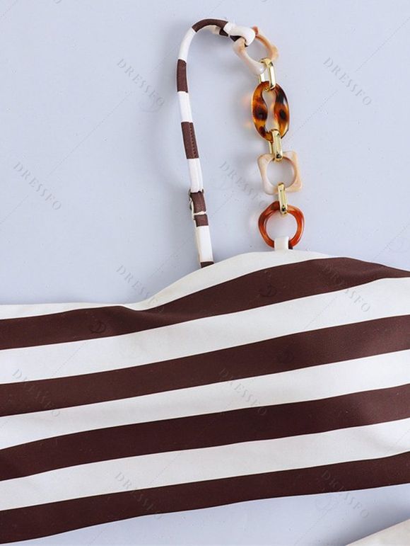 Vintage Couple Outfit Striped Print Ring Strap High Cut Briefs Tankini Swimsuit and Shirt Set - marron foncé S | US 4