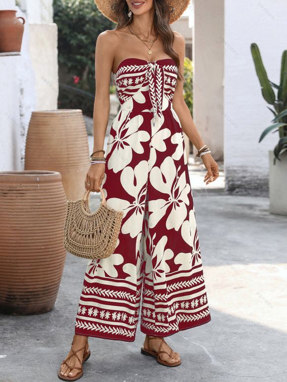 Bohemian Wide Leg Jumpsuit Colorblock Tribal Abstract Floral Print Bowknot Off the Shoulder Jumpsuit - Rouge Vineux XXXXL | US 18