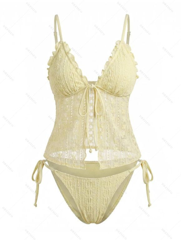 Hawaiian Couple Outfit Solid Color Lace Ruffle Tied High Cut Tankini Swimsuit and Colorblock Floral Leaf Print Shirt Set - Jaune clair S | US 4