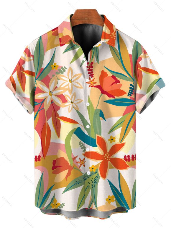 Hawaiian Couple Outfit Solid Color Jacquard Lace Tied High Cut Briefs Halter Tankini Swimsuit and Colorblock Floral Leaf Print Shirt Set - Jaune clair S | US 4