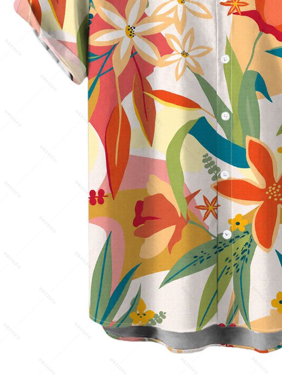 Hawaiian Couple Outfit Solid Color Jacquard Lace Tied High Cut Briefs Halter Tankini Swimsuit and Colorblock Floral Leaf Print Shirt Set - Jaune clair S | US 4