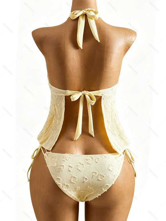 Hawaiian Couple Outfit Solid Color Jacquard Lace Tied High Cut Briefs Halter Tankini Swimsuit and Colorblock Floral Leaf Print Shirt Set - Jaune clair S | US 4