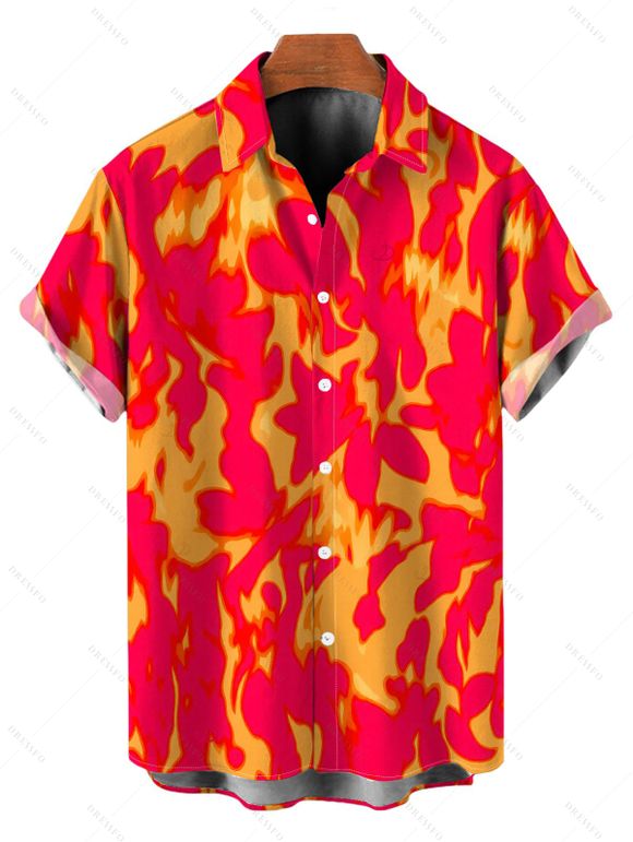 Vacation Couple Outfit Colorblock Flame Print Cinched Dual Strap Tankini Swimsuit and Shirt Set - Orange S | US 4