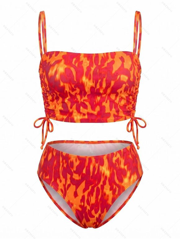 Vacation Couple Outfit Colorblock Flame Print Cinched Dual Strap Tankini Swimsuit and Shirt Set - Orange S | US 4