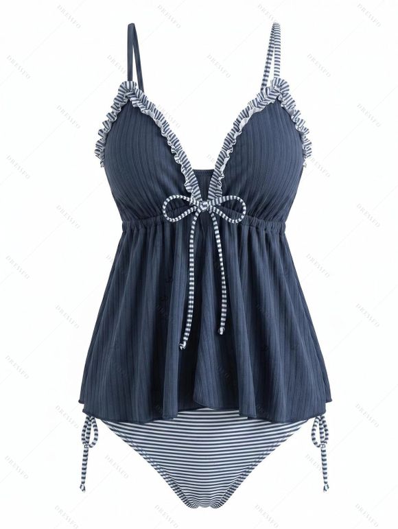 Vacation Couple Outfit Colorblock Ruffle Bowknot Textured Tied Tankini Swimsuit Striped Print Shirt Set - Bleu Marine S | US 4