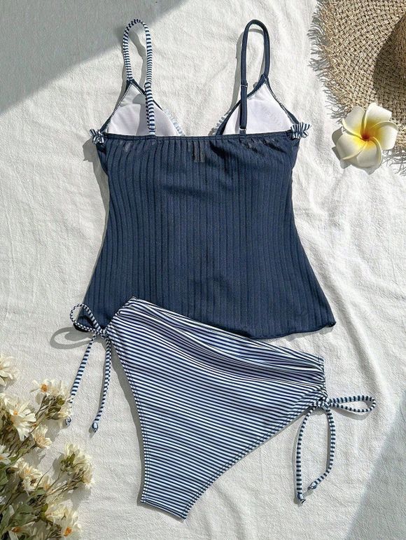 Vacation Couple Outfit Colorblock Ruffle Bowknot Textured Tied Tankini Swimsuit Striped Print Shirt Set - Bleu Marine S | US 4