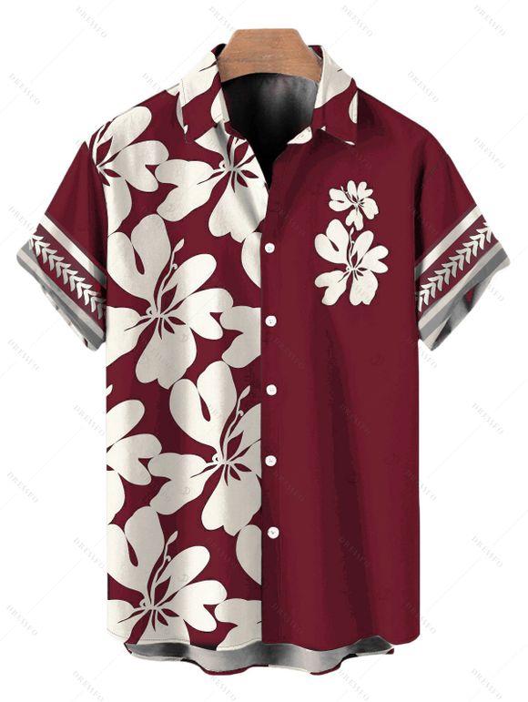 Hawaii Couple Outfit Tribal Hibiscus Floral Print Bowknot Off the Shoulder Jumpsuit and Shirt Set - Rouge Vineux S | US 4