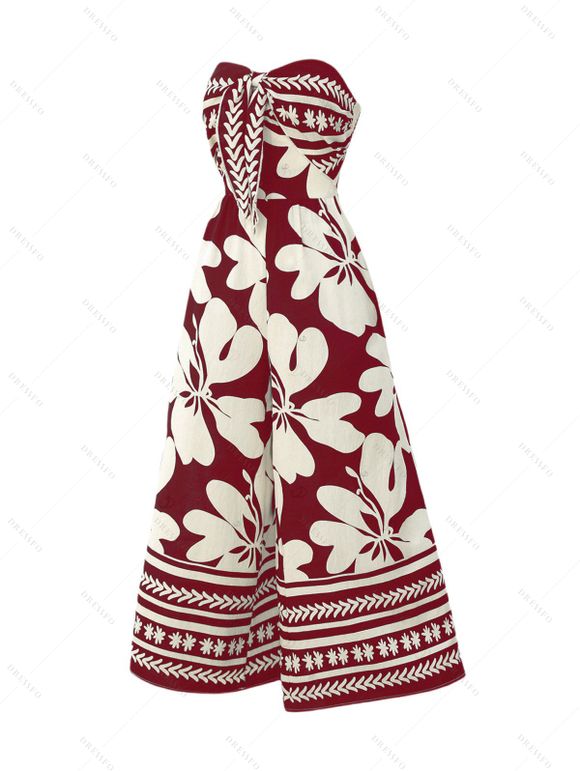 Hawaii Couple Outfit Tribal Hibiscus Floral Print Bowknot Off the Shoulder Jumpsuit and Shirt Set - Rouge Vineux S | US 4