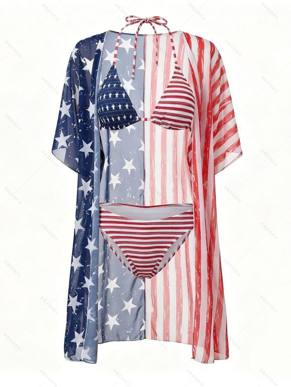 Independence Day Couple Outfit American Flag Star Striped Print Halter 3 pcs Swimsuit with Cover-up and Shirt Set - multicolor A S | US 4