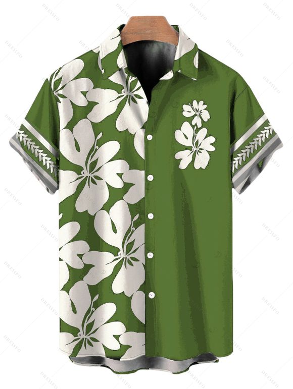 Hawaii Couple Outfit Tribal Hibiscus Floral Print Bowknot Off the Shoulder Jumpsuit and Shirt Set - Vert clair S | US 4