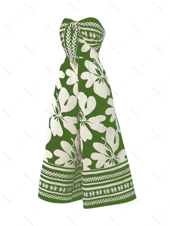 Hawaii Couple Outfit Tribal Hibiscus Floral Print Bowknot Off the Shoulder Jumpsuit and Shirt Set - Vert clair S | US 4