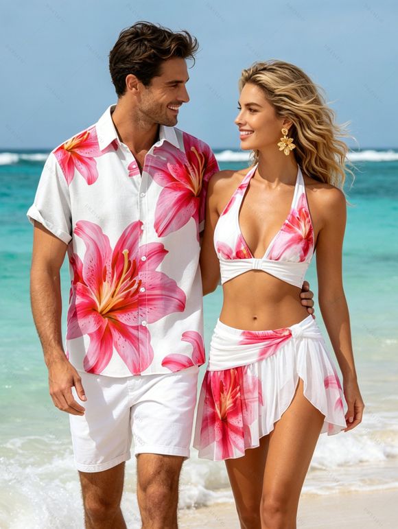 Vacation Couple Outfit Watercolor Lily Floral Print Mesh Irregular Skirt Bikini Swimsuit and Shirt Set - Blanc S | US 4