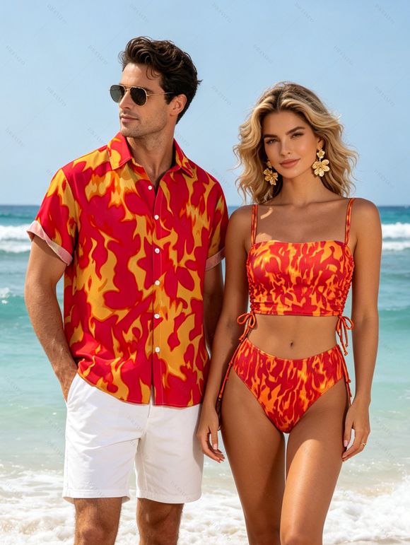 Vacation Couple Outfit Colorblock Flame Print Cinched Dual Strap Tankini Swimsuit and Shirt Set - Orange S | US 4