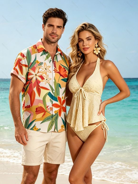 Hawaiian Couple Outfit Solid Color Jacquard Lace Tied High Cut Briefs Halter Tankini Swimsuit and Colorblock Floral Leaf Print Shirt Set - Jaune clair S | US 4