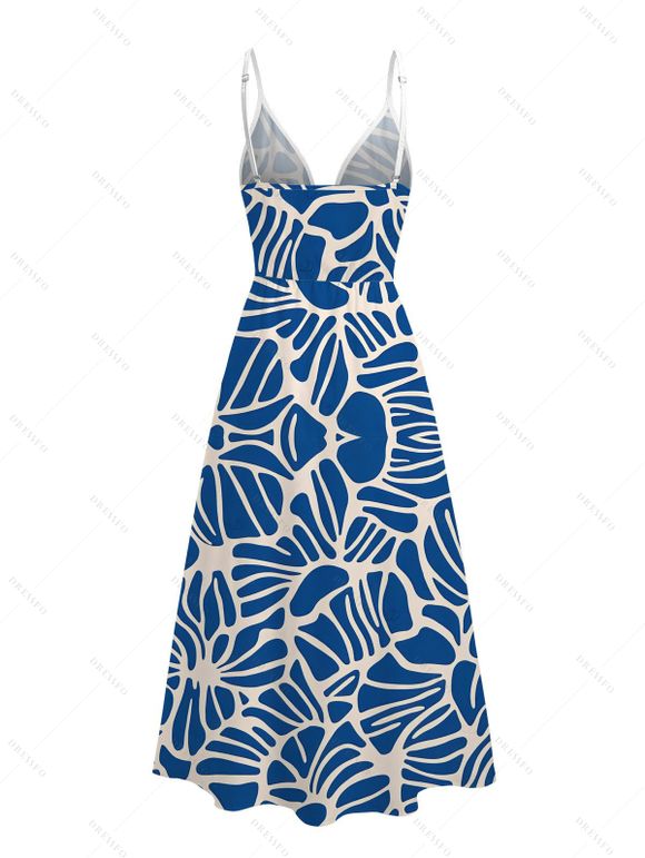 Vacation Skort Romper Minimal Abstract Tropical Leaf Print Lace Hollow Out Surplice Spaghetti Strap Skort Romper - Bleu Marine XXL | US 14