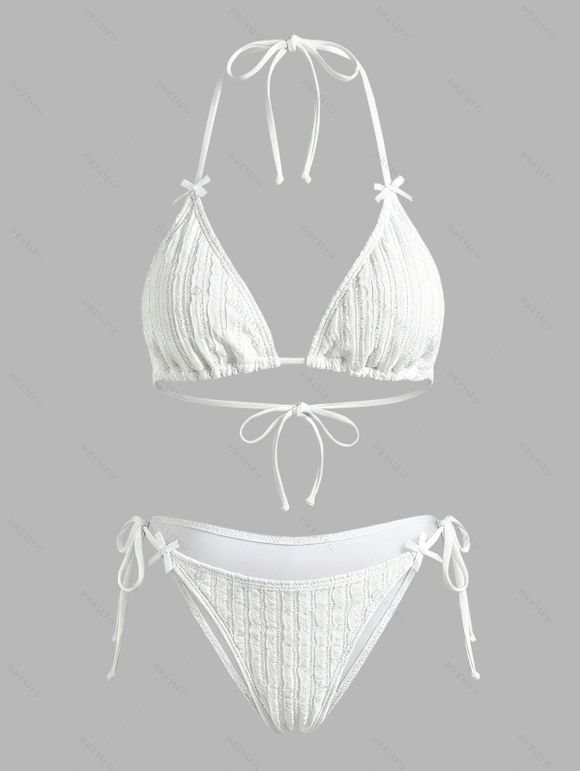 Vacation Bikini Swimsuit Solid Color Jacquard Textured Tied High Cut Briefs Open Back Halter Swimwear Set - Blanc L | US 8-10