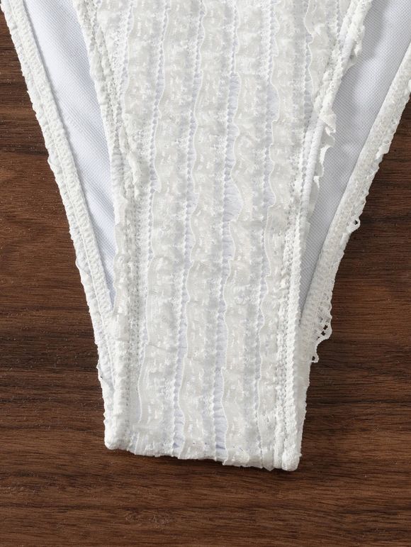 Vacation Bikini Swimsuit Solid Color Jacquard Textured Tied High Cut Briefs Open Back Halter Swimwear Set - Blanc L | US 8-10