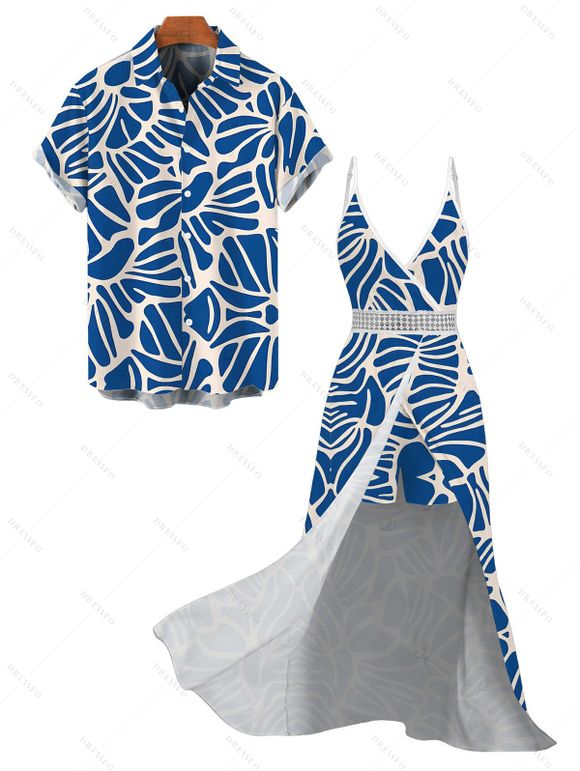 Vacation Couple Outfit Abstract Leaf Print Lace Hollow Out Skort Romper and Shirt Set - Bleu Marine S | US 4