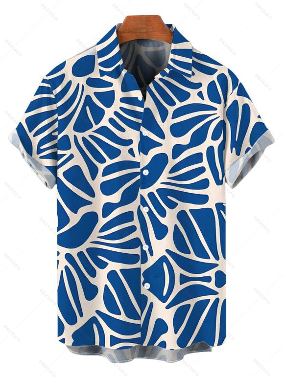 Vacation Couple Outfit Abstract Leaf Print Lace Hollow Out Skort Romper and Shirt Set - Bleu Marine S | US 4