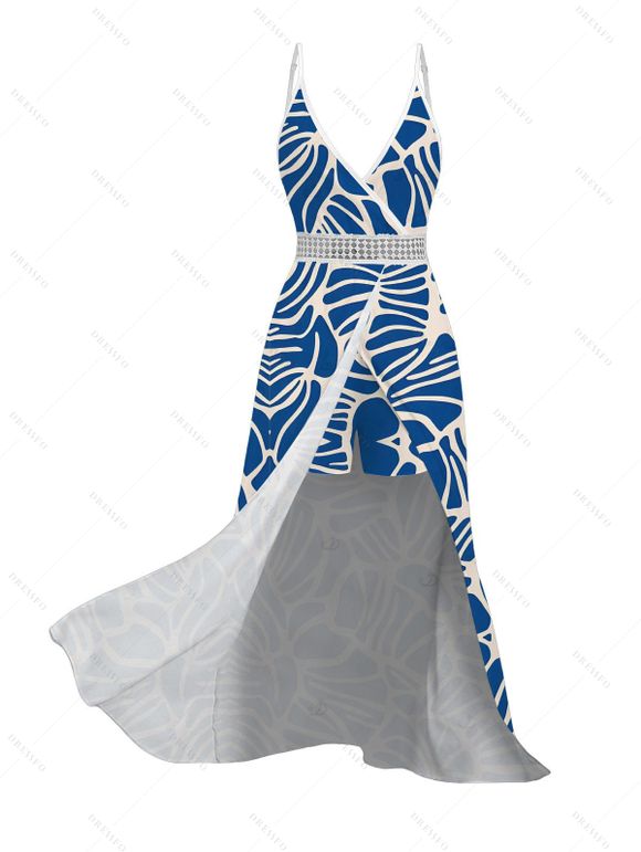 Vacation Couple Outfit Abstract Leaf Print Lace Hollow Out Skort Romper and Shirt Set - Bleu Marine S | US 4