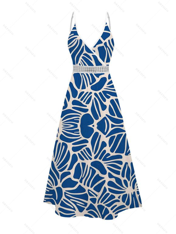 Vacation Couple Outfit Abstract Leaf Print Lace Hollow Out Skort Romper and Shirt Set - Bleu Marine S | US 4