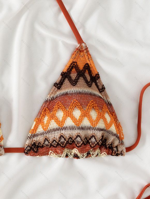 Ethnic Style Bikini Swimsuit Colorblock Zig Zag Geometric Print Tied High Cut Briefs Halter Vacation Swimwear Set - Orange L | US 8-10