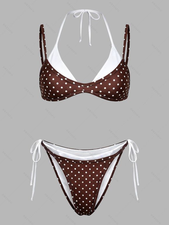 Beach Faux Twinset Bikini Swimsuit Polka Dots Print Colorblock High Cut Briefs Halter 2 in 1 Swimwear Set - Brun L | US 8-10