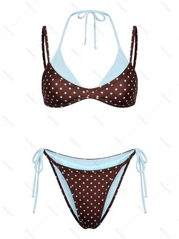 Beach Faux Twinset Bikini Swimsuit Polka Dots Print Colorblock High Cut Briefs Halter 2 in 1 Swimwear Set - Bleu Toile de Jean L | US 8-10