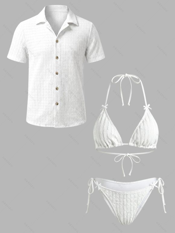 Vacation Couple Outfit Solid Color Textured Jacquard Tied Halter Bikini Swimsuit and Knitted Shirt Set - Blanc S | US 4