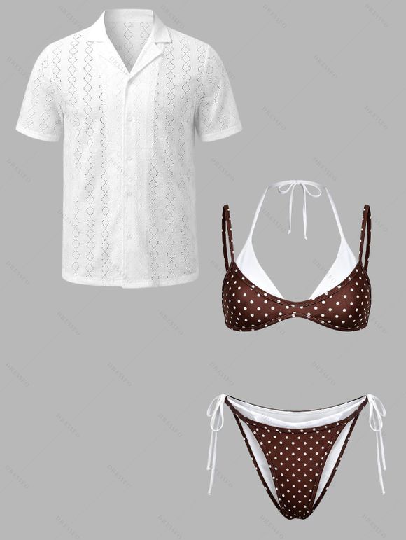 Beach Couple Outfit Polka Dots Print Colorblock High Cut Briefs Halter Faux Twinset Bikini Swimsuit and Hollow Out Shirt Set - multicolor S | US 4