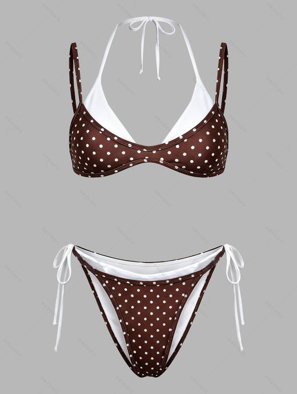 Beach Couple Outfit Polka Dots Print Colorblock High Cut Briefs Halter Faux Twinset Bikini Swimsuit and Hollow Out Shirt Set - multicolor S | US 4
