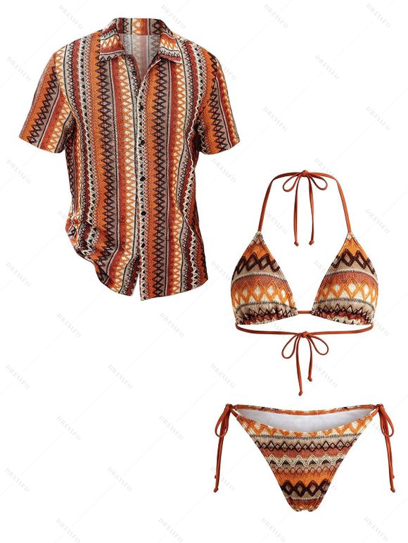 Ethnic Couple Outfit Zig Zag Geometric Print Tied High Cut Briefs Halter Bikini Swimsuit and Striped Print Shirt Set - multicolor S | US 4