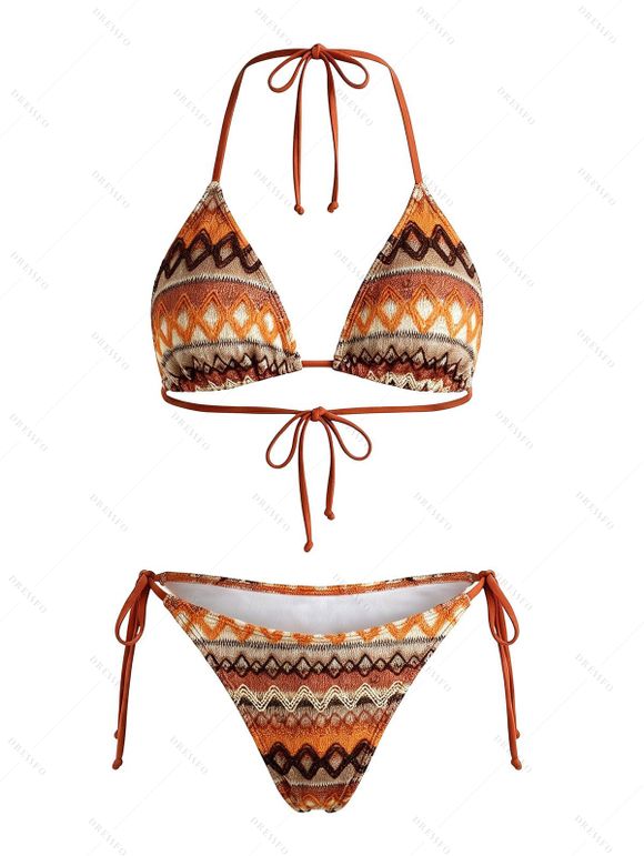 Ethnic Couple Outfit Zig Zag Geometric Print Tied High Cut Briefs Halter Bikini Swimsuit and Striped Print Shirt Set - multicolor S | US 4