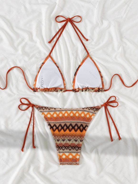 Ethnic Couple Outfit Zig Zag Geometric Print Tied High Cut Briefs Halter Bikini Swimsuit and Striped Print Shirt Set - multicolor S | US 4