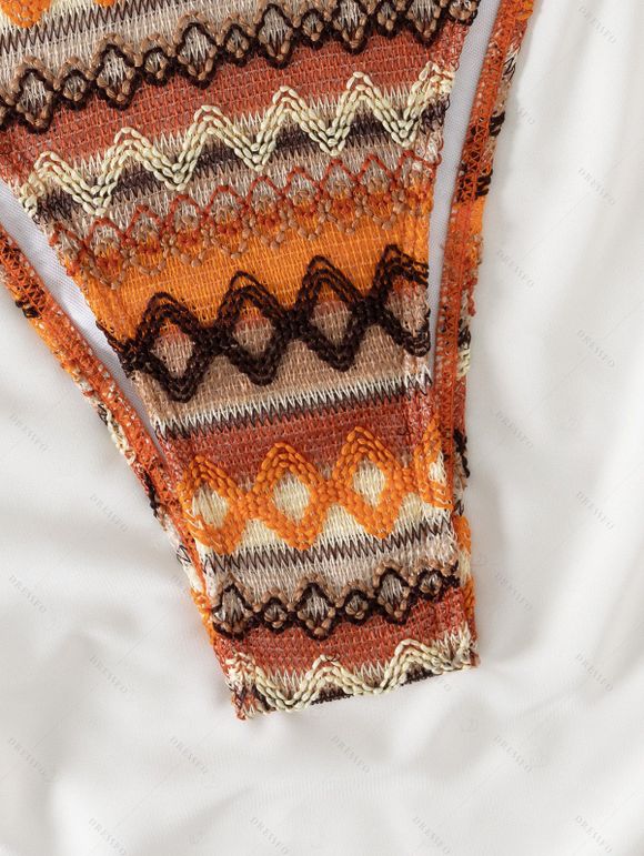 Ethnic Couple Outfit Zig Zag Geometric Print Tied High Cut Briefs Halter Bikini Swimsuit and Striped Print Shirt Set - multicolor S | US 4