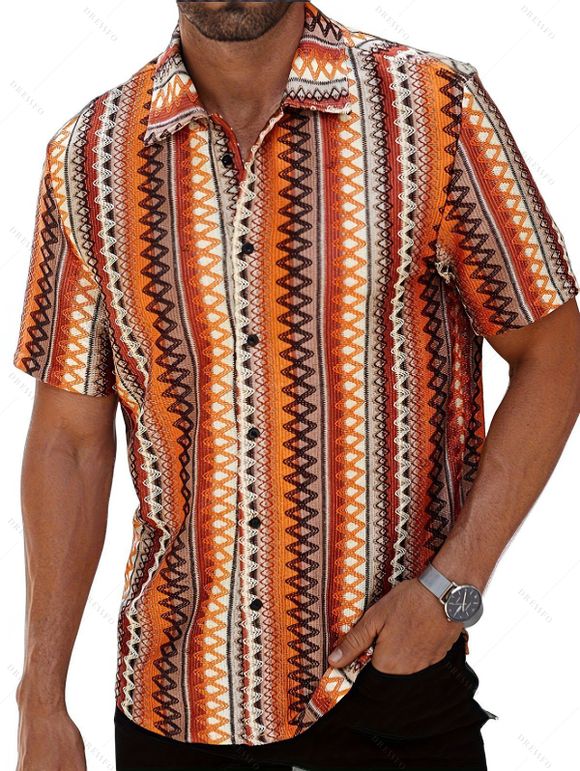 Ethnic Couple Outfit Zig Zag Geometric Print Tied High Cut Briefs Halter Bikini Swimsuit and Striped Print Shirt Set - multicolor S | US 4