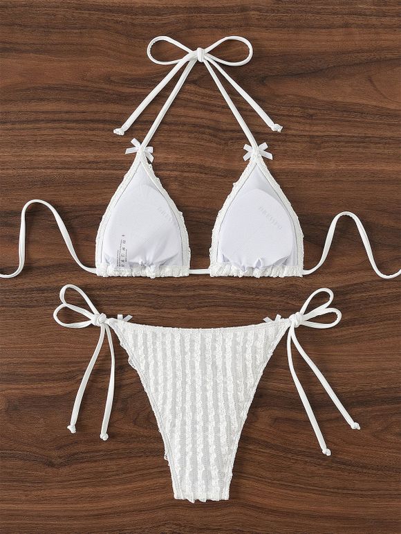 Vacation Couple Outfit Solid Color Textured Jacquard Tied Halter Bikini Swimsuit and Knitted Shirt Set - Blanc S | US 4