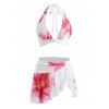 Vacation Couple Outfit Watercolor Lily Floral Print Mesh Irregular Skirt Bikini Swimsuit and Shirt Set - Blanc S | US 4