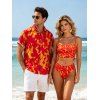 Vacation Couple Outfit Colorblock Flame Print Cinched Dual Strap Tankini Swimsuit and Shirt Set - Orange S | US 4